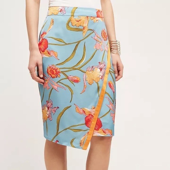 Anthropology Yoana Baraschi Blue and Orange Tropical Floral Cotille Wrap Skirt 6 - Picture 1 of 10